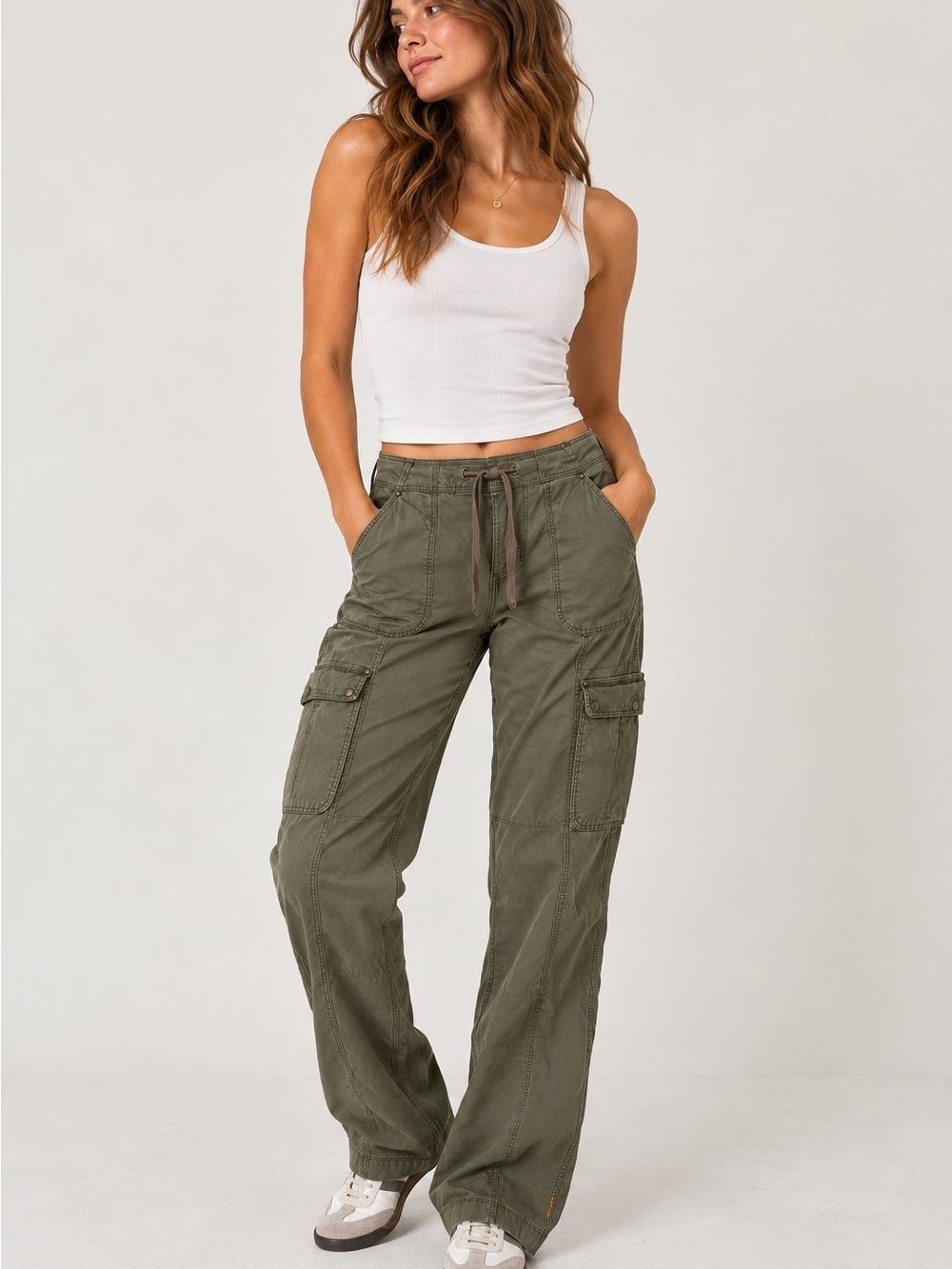 Lucy Olive Green Utility Cargo Pants Size Small Drawstring Straight Leg